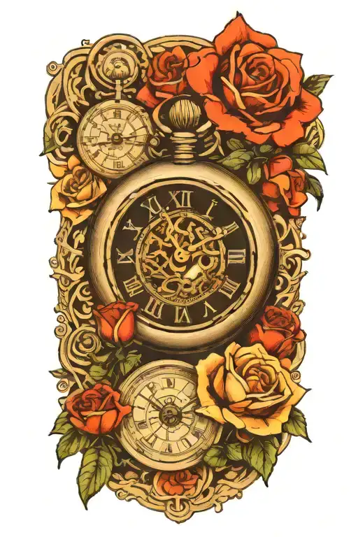 Alice In Wonderland Themed Pocket Watch Surrounded By Roses And Poppies