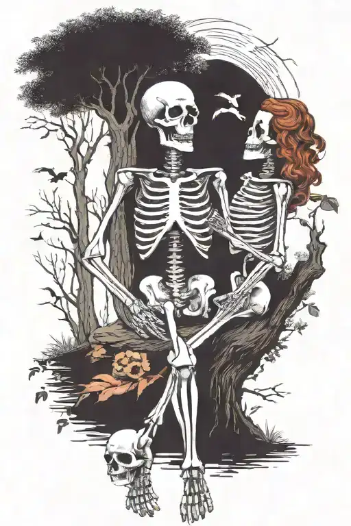 Two Skeleton Lovers Sitting Under A Tree