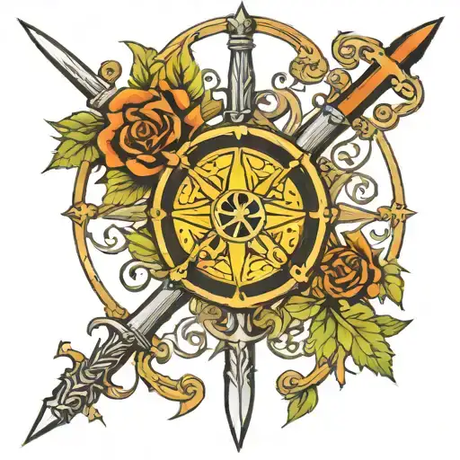 Solar Wheel Swords Crossed Vines