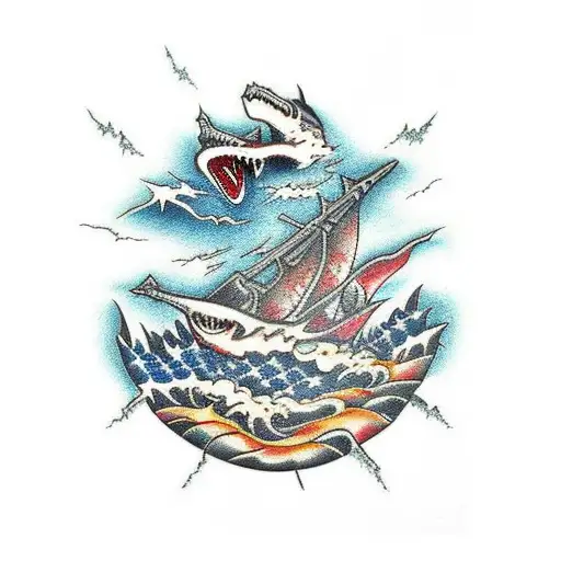 American Traditional Style Godzilla Destroying Ships At Sea