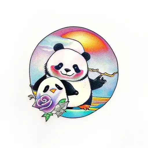 Panda With Penguin And Sunset