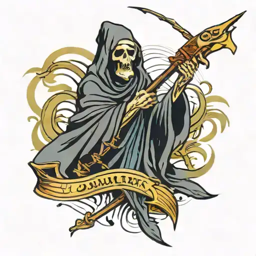 Grim Reaper Holding Spear Piercing Fish Swimming