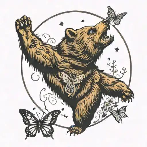 A Bear Standing On Its Hind Legs Howling At The Moon Surrounded By Butterflies