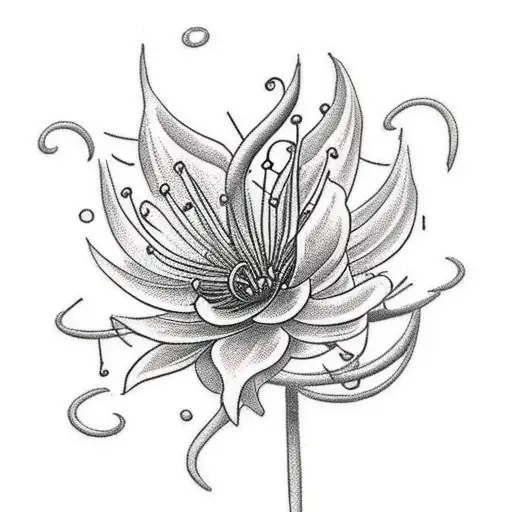 A Traditional Tattoo Of A Spider Lily Transforming Into Musical Instruments