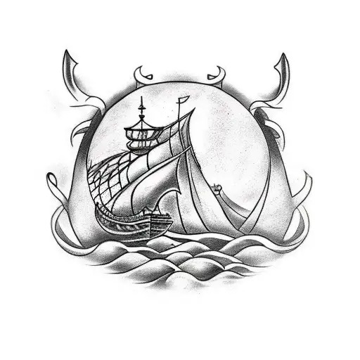 A Black And Grey Tattoo Of A Viking Ship Sailing Through The Aurora Borealis