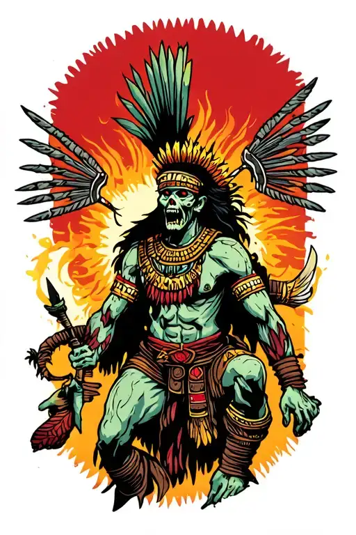 An Aztec Underworld Protector Battling Zombies