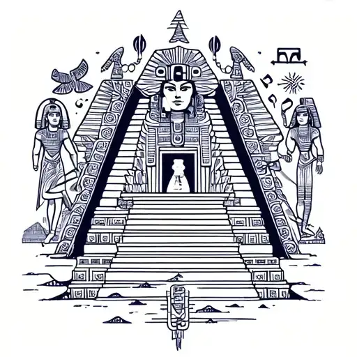 Prehispanic Temple Surrounded By Mayan Gods And Egyptian Symbols Of Music