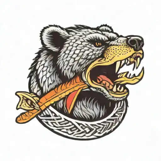 Traditional Bear Head Biting Snake With Banner