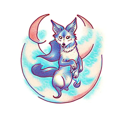 Kitsune Jumping Under The Crescent Moon