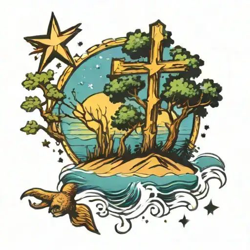 Stars Trees And Ocean Tattoo With A Cross