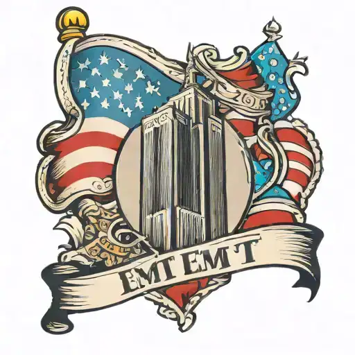 Emt Emblem With American Flag Draping Around Twin Towers