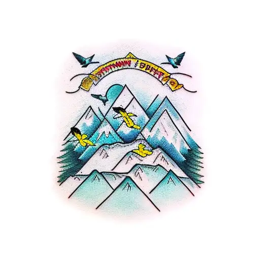 Mountain With Birds And A Cancer Ribbon
