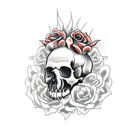 Skull With A Melting Wax Candle On Top Of Head With Roses