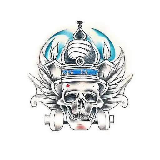 Design A Traditional Tattoo Of Caridad Del Cobre With A Classic Car Engine In The Background