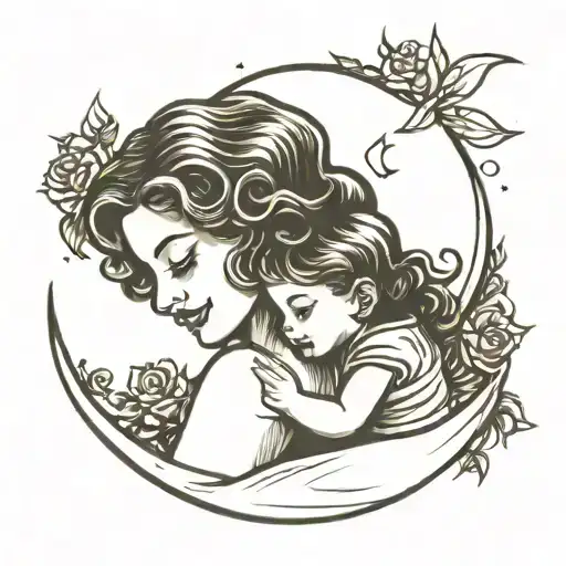 Mother And Daughter Hugging In Front Of A Crescent Moon