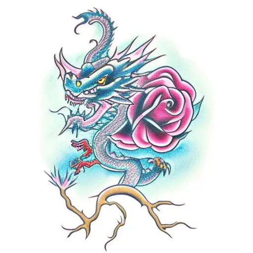 Dragon Breathing Fire Onto A Blooming Rose Tree