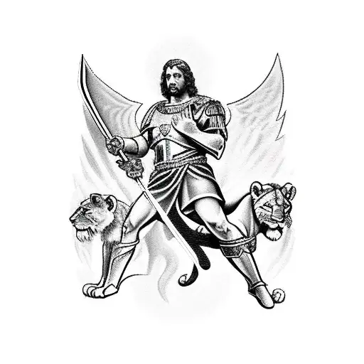 Archangel Michael Raising A Sword With A Lion On His Side