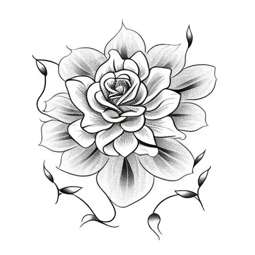 A Black-grey Design Featuring A Blooming Dahlia And Climbing Rose Vines