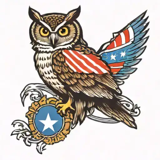 American Traditional Owl Flying With Texas Flag In Round Window