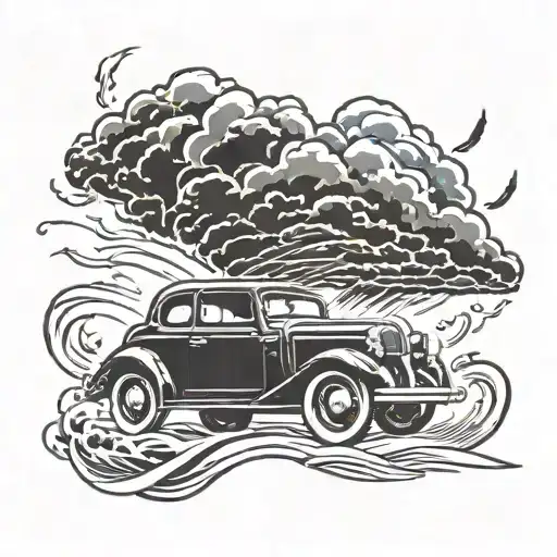 A Traditional Style Tattoo Of A Vintage Car Speeding Through A Thunderstorm