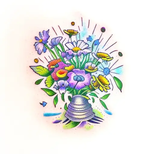 Marigold Flower And Aster Flower And Sweet Pea Flowers In A Bouquet With A Little Bee