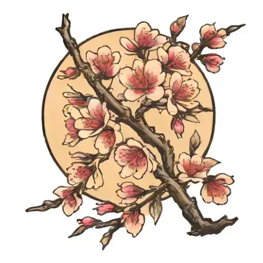 Sakura Branch With Flowers With Moon Offset In Background