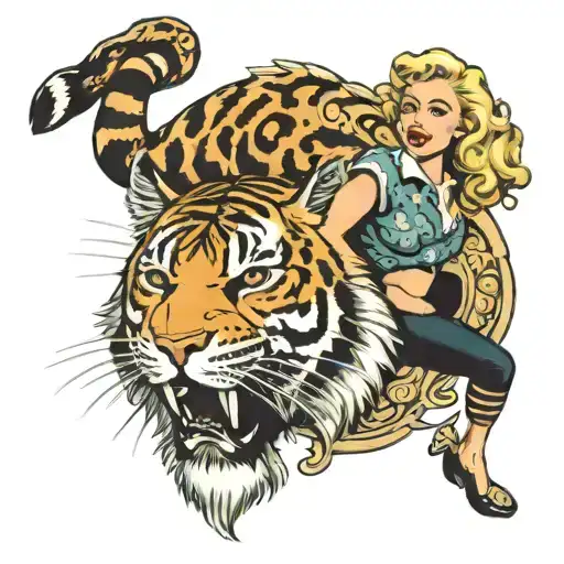 Pin Up Girl With Blond Curly Hair Riding A Calico Tiger