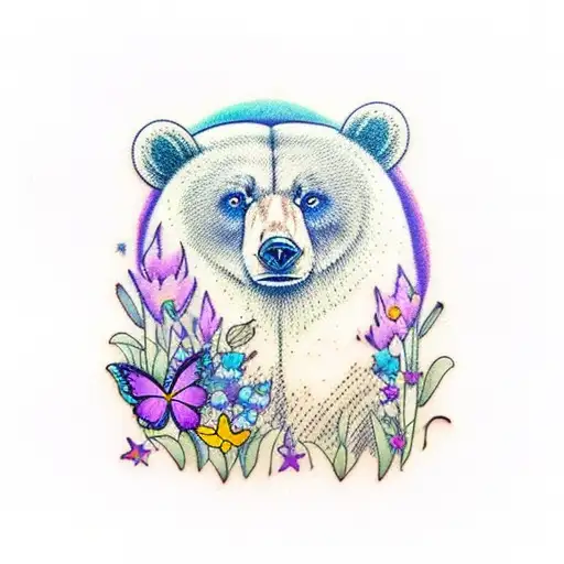 1 Bear Sitting In Field Of Wildflowers Holding A Purple Lily With Butterflies Flying Around