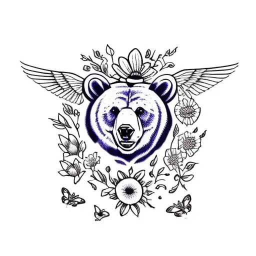 1 Bear Sitting In Field Of Wildflowers Holding A Purple Lily With Butterflies Flying Around