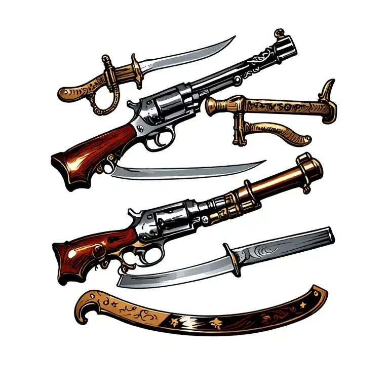 Guns And Melee Weapons Tattoo Flash