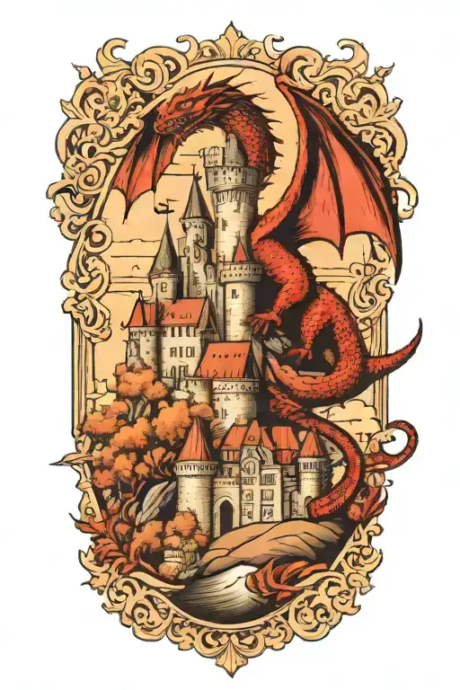 A Majestic Castle With A Dragon Flying Overhead