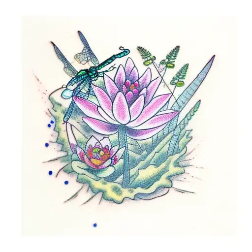 Dragonfly With Fern And Waterlilies