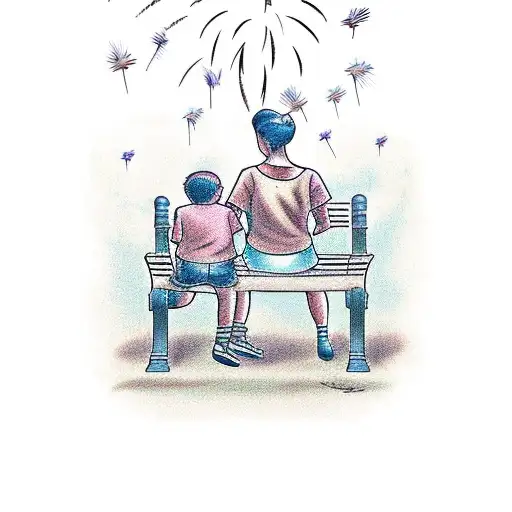 Boy And Grandma Sitting On A Bench Watching Fireworks