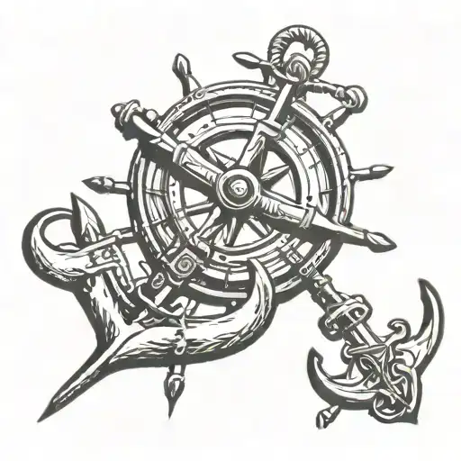 An Anchor Entwined With A Compass Rose And A Ship's Wheel