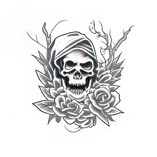 Grim Reaper Holding Scythe Made Of Vines With Flowers Down The Handle