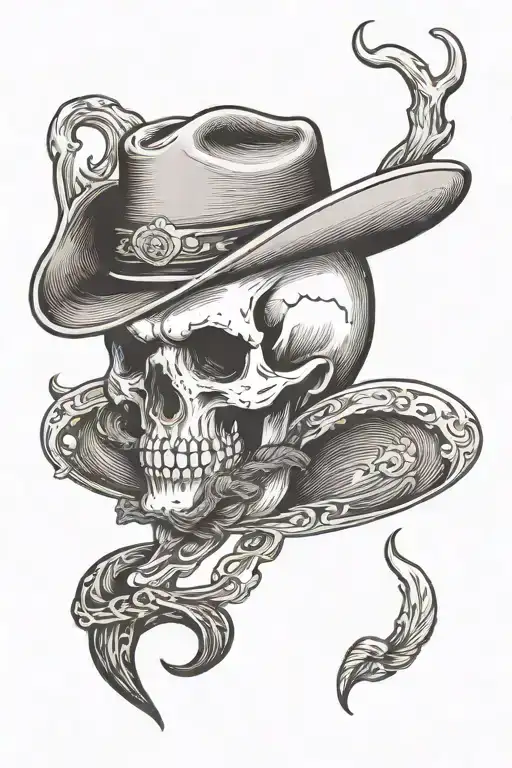 Skull With Cowboy Hat And Handlebar Mustache