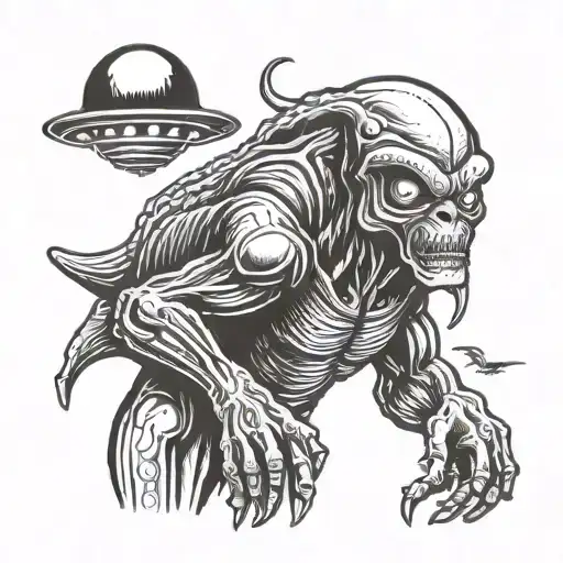 Alien Portrait With Ufo Beaming Up Bigfoot Figure