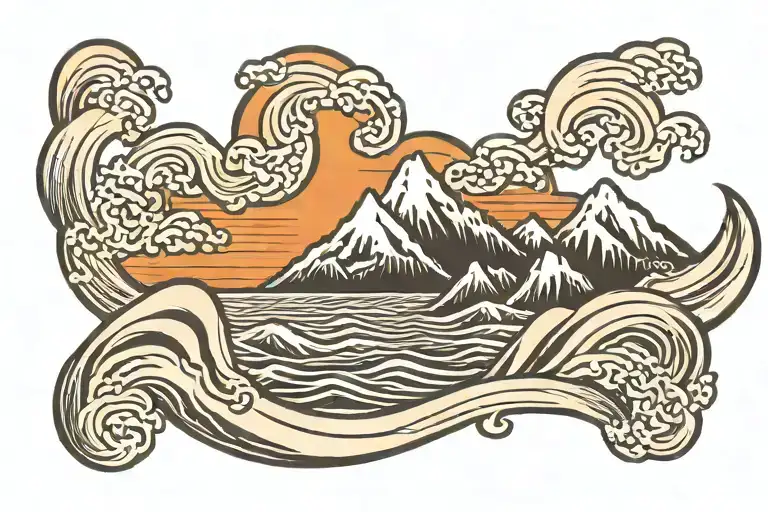 Mountain Sunset Water Waves