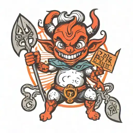 Small Baby Devil Holding Pitchfork In One Hand And A Bag Of Money In Another