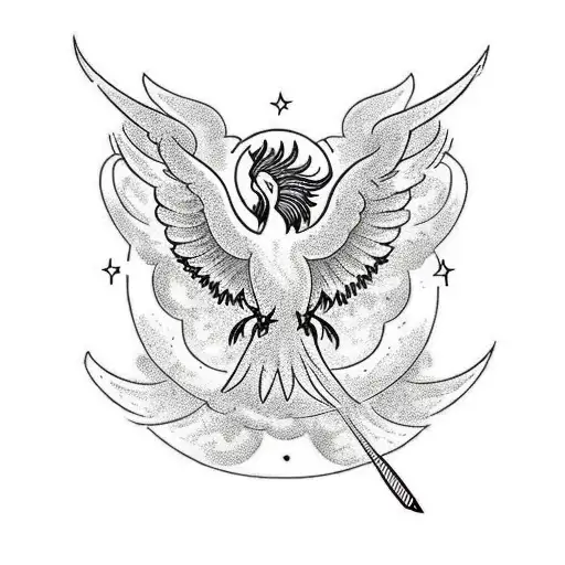 A Traditional-style Phoenix Dancing Amidst Celestial Symbols