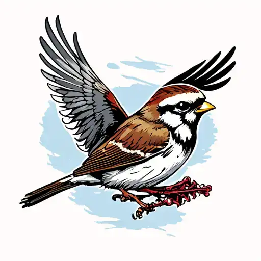 American Traditional Sparrow In Flight Tattoo Design But The Bird Is Dead And Has Skeleton Showing