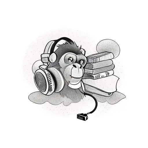 A Stack Of Books With A Monkey Wearing Headphones Reading And Surrounded By Purple And Pink Smoke