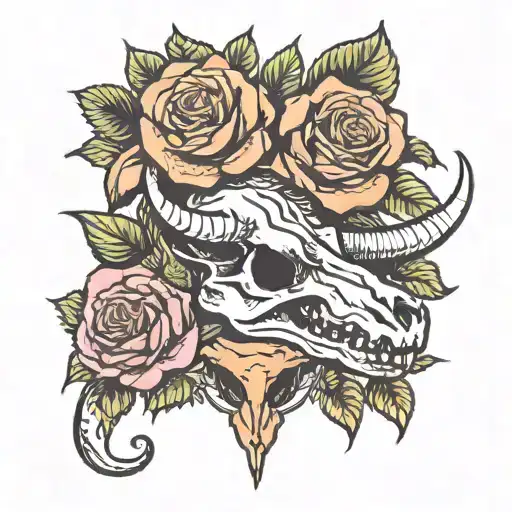 Dinosour And Cow Skull With Roses