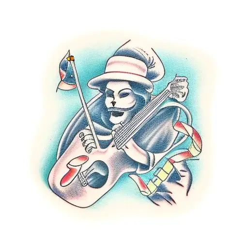 Guitar And Pen Combined With Music Note