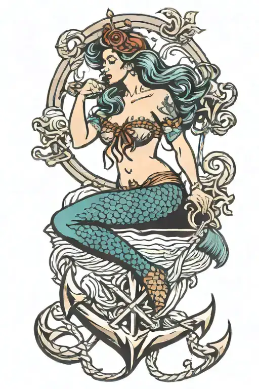 Mermaid Sitting On An Anchor Intertwined