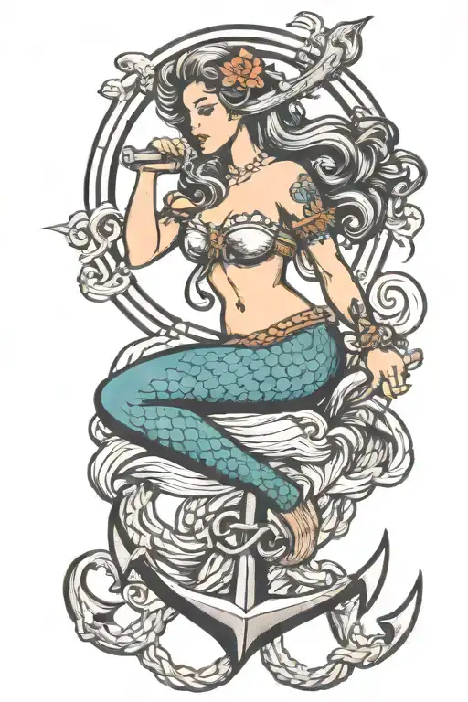 Mermaid Sitting On An Anchor Intertwined