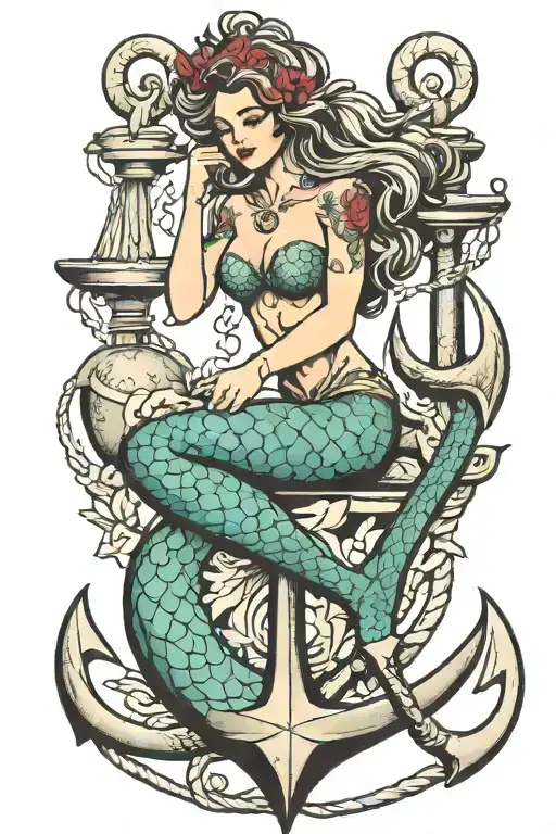 Mermaid Sitting On An Anchor Intertwined