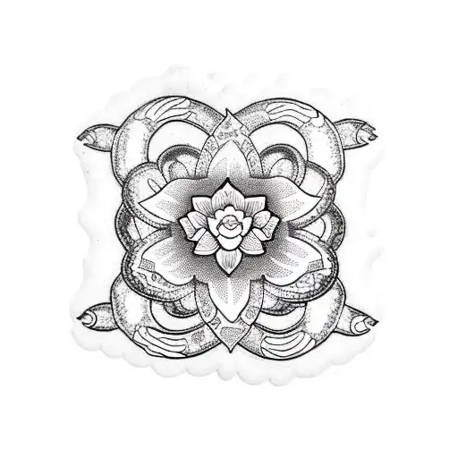 A Blackwork Tattoo Featuring A Snake And Flower Mandala