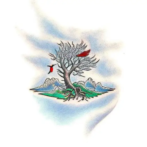 A Traditional Tattoo Showcasing A Majestic Tree With A Cardinal Flying Above