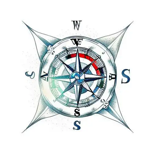 Nautical Compass With Background Of Mountains And Waves